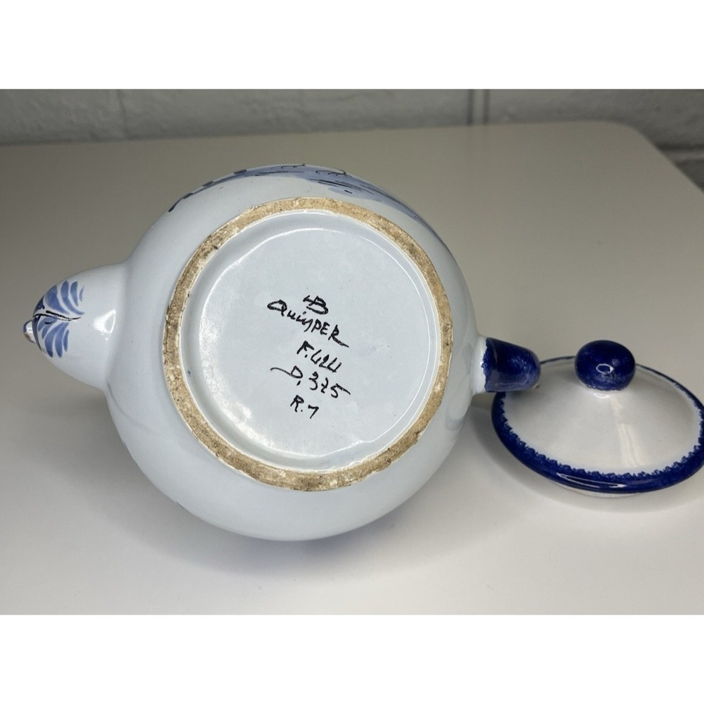 HB Quimper Pottery France Le Coq Teapot Blue Rooster Tea Pot - Picture 10 of 13